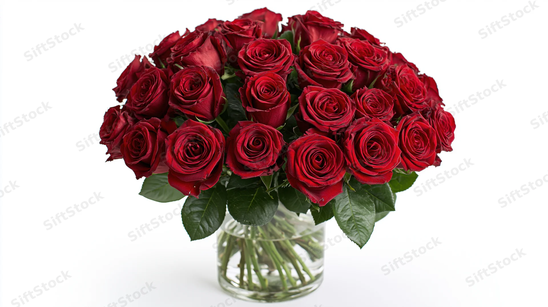 Large bouquet of deep red roses arranged densely in a clear glass vase on white background