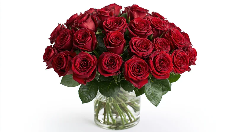 Large bouquet of deep red roses arranged densely in a clear glass vase on white background