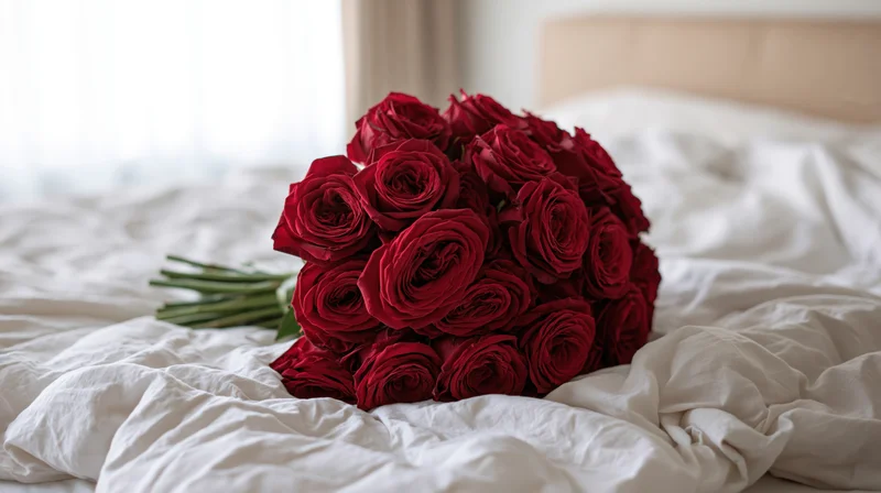 Large bouquet of deep red roses resting on an unmade white bed in a bedroom
