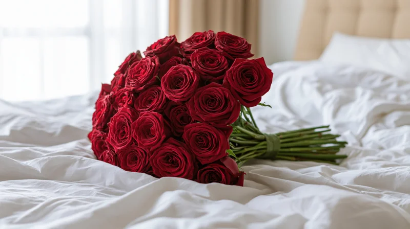 Large bouquet of deep red roses resting on an unmade bed with white linen sheets in a bedroom