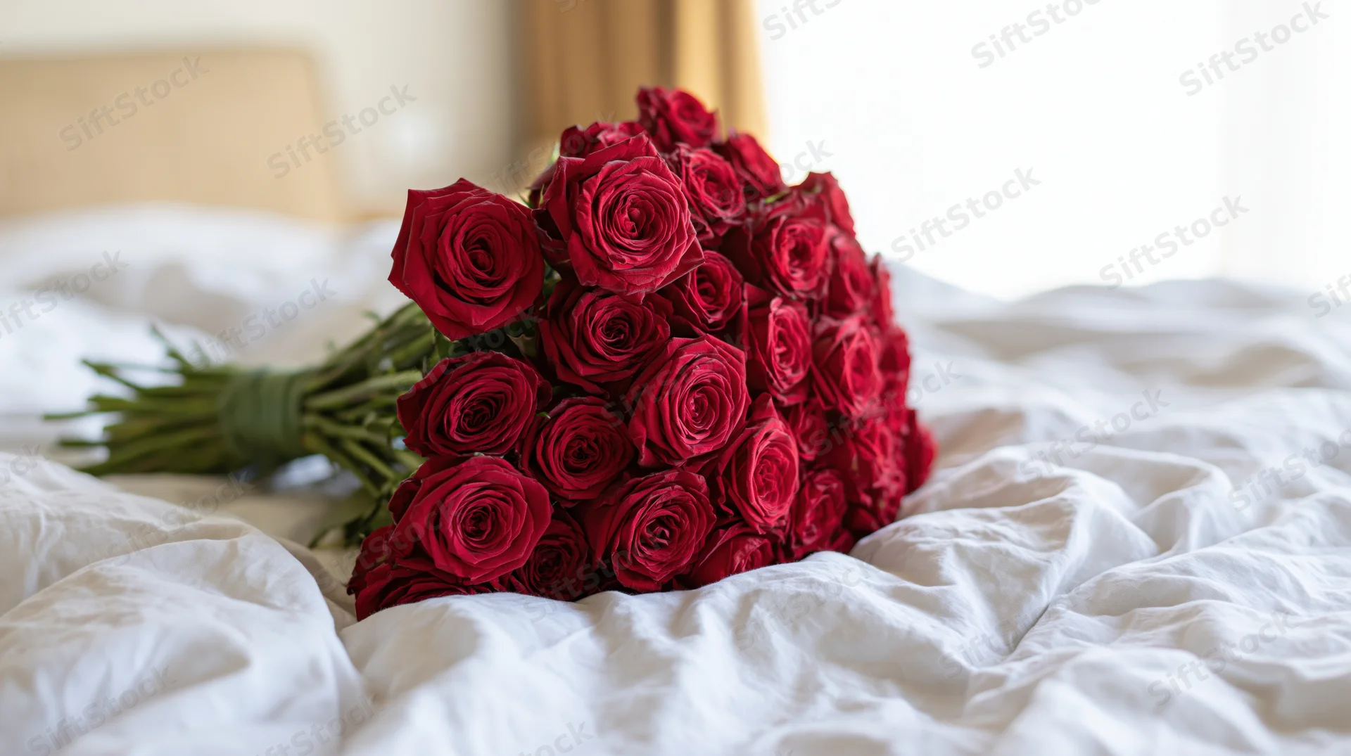 Large bouquet of deep red roses resting on an unmade bed with white bedding