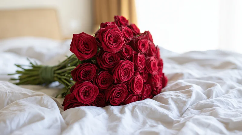 Large bouquet of deep red roses resting on an unmade bed with white bedding