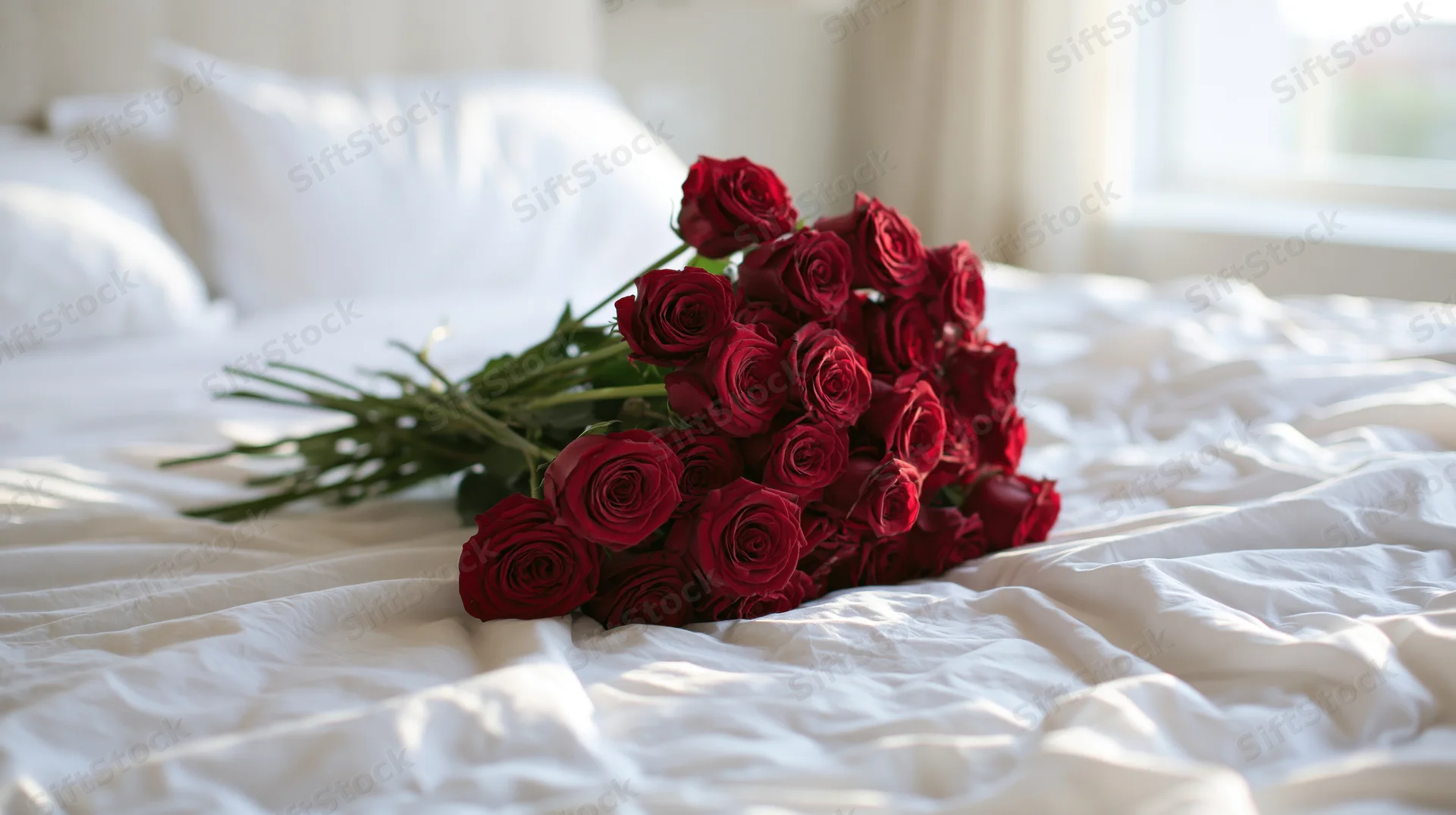 Large bouquet of deep red roses with green stems resting on a white bed in a bedroom