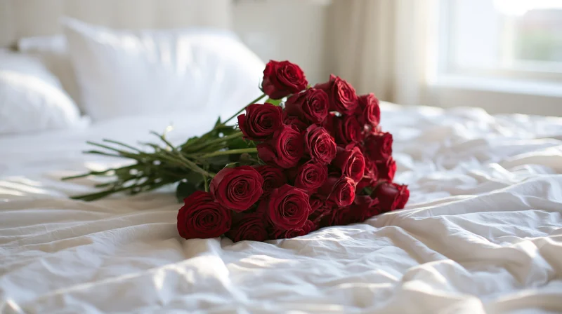 Large bouquet of deep red roses with green stems resting on a white bed in a bedroom