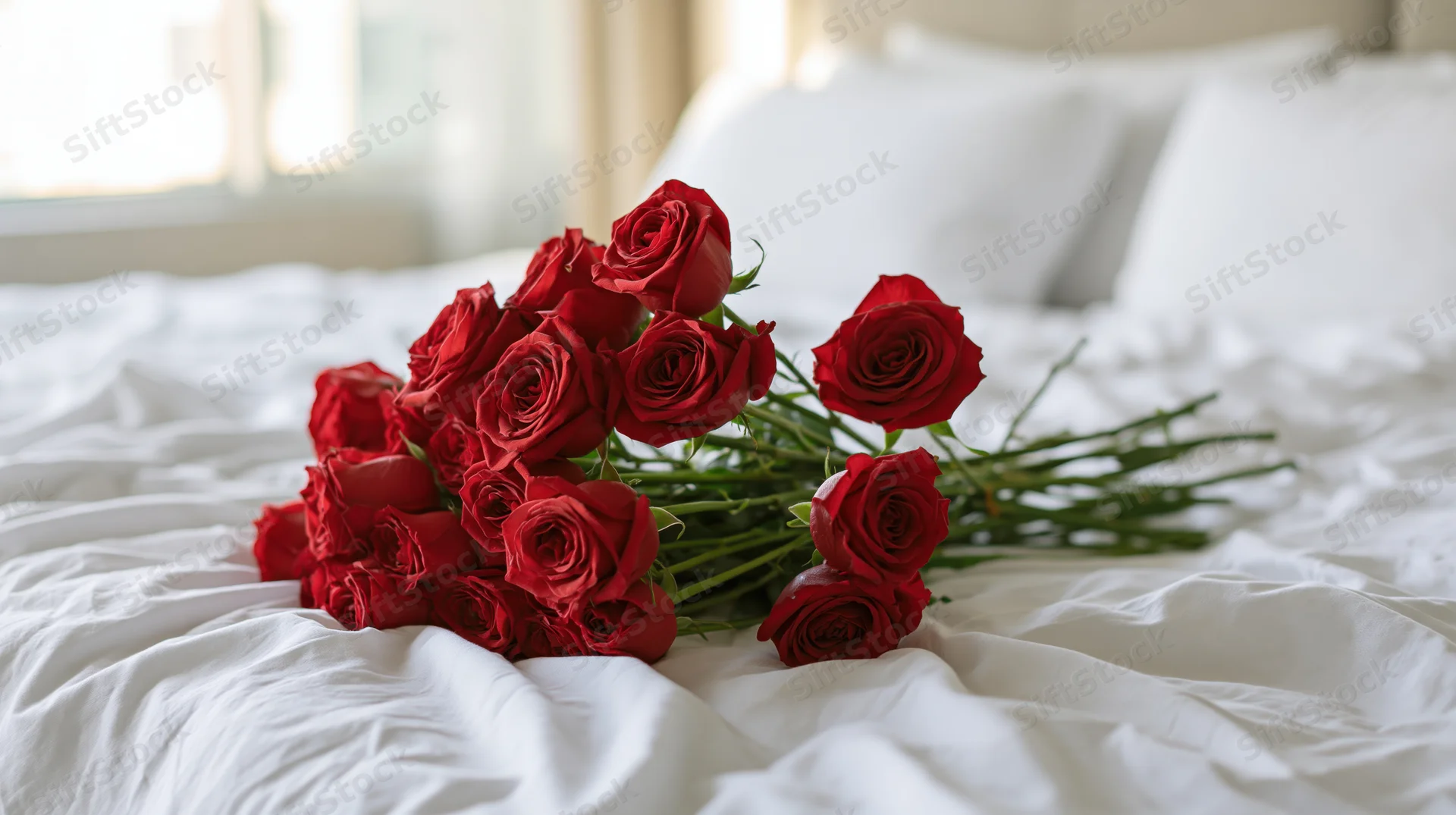 Large bouquet of deep red roses with green stems resting on white bedding in a bedroom