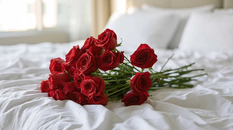 Large bouquet of deep red roses with green stems resting on white bedding in a bedroom
