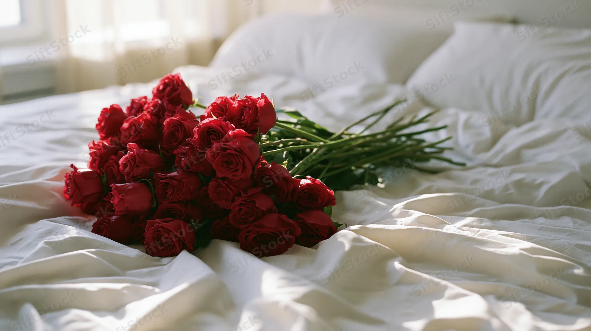 Large bouquet of deep red roses resting on a rumpled white bedsheet in a sunlit bedroom
