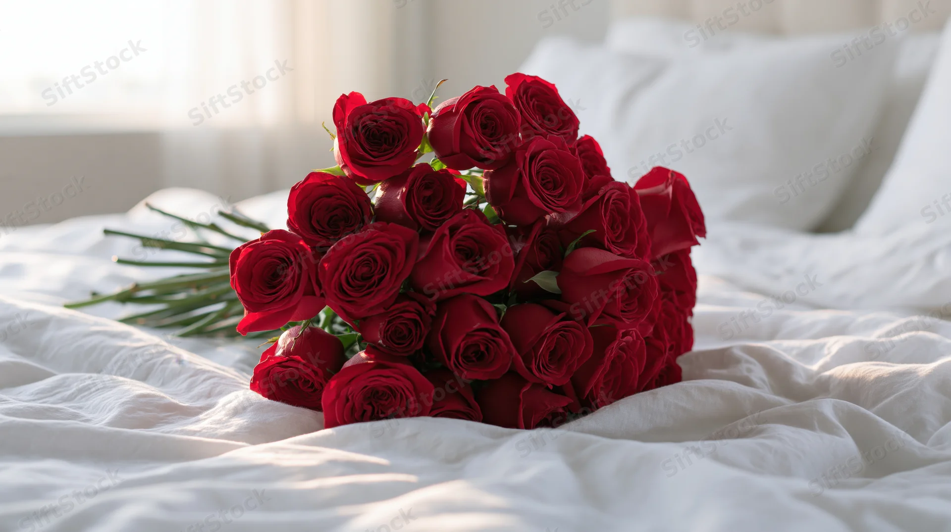 Large bouquet of deep red roses with green stems resting on white bedding in a bedroom
