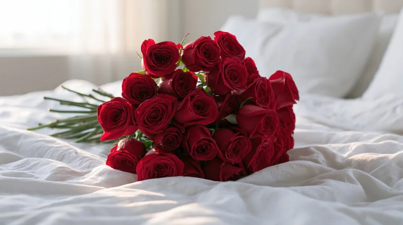 Large bouquet of deep red roses with green stems resting on white bedding in a bedroom