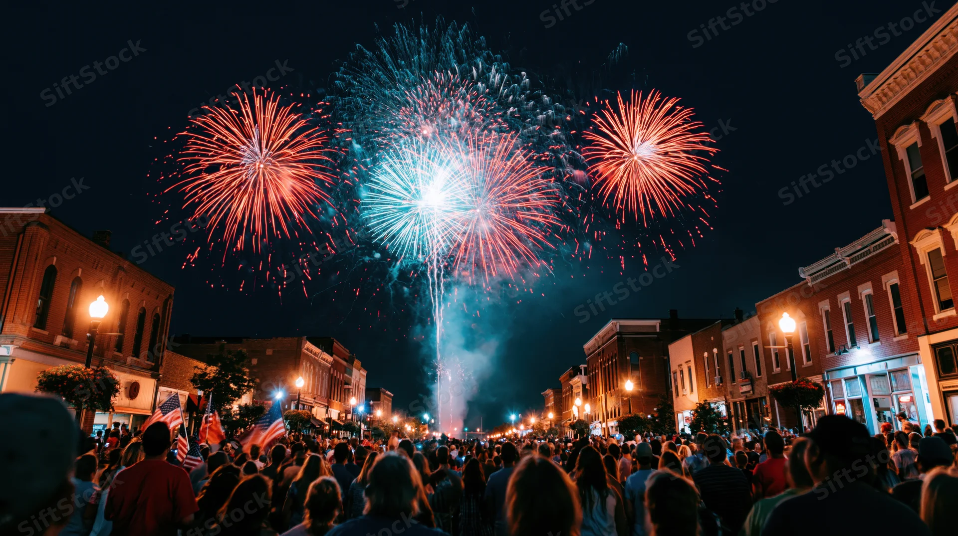 Large crowd watching fireworks over a city street at night