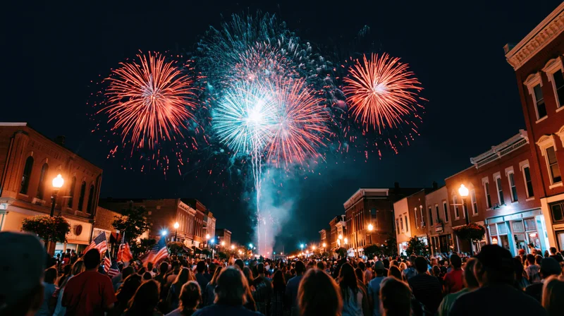 Large crowd watching fireworks over a city street at night