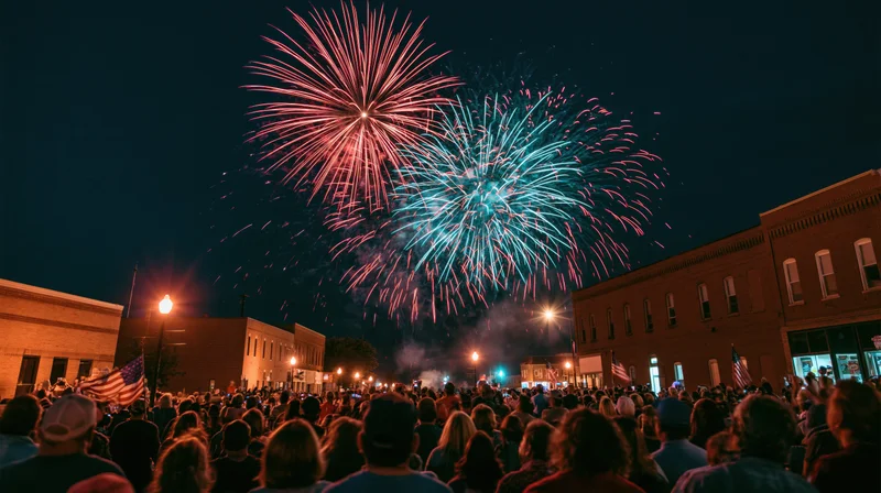 Large crowd watching fireworks over a city street at night