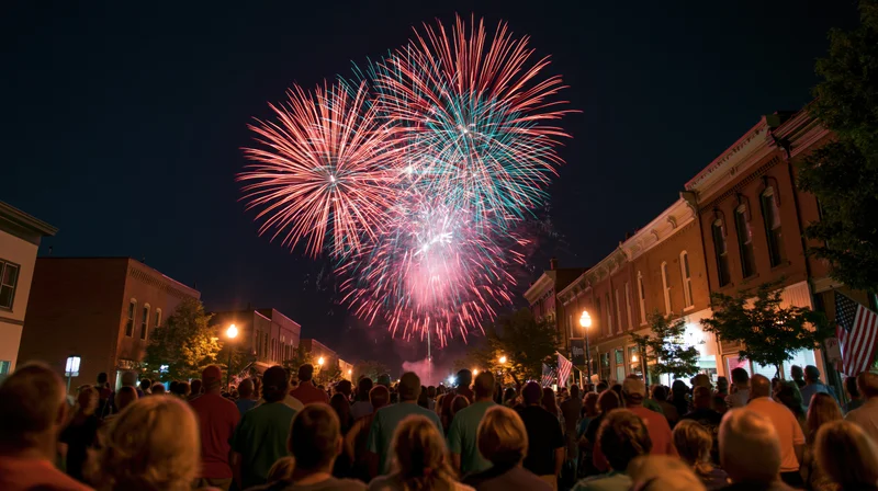 Crowd watching fireworks over city street at night