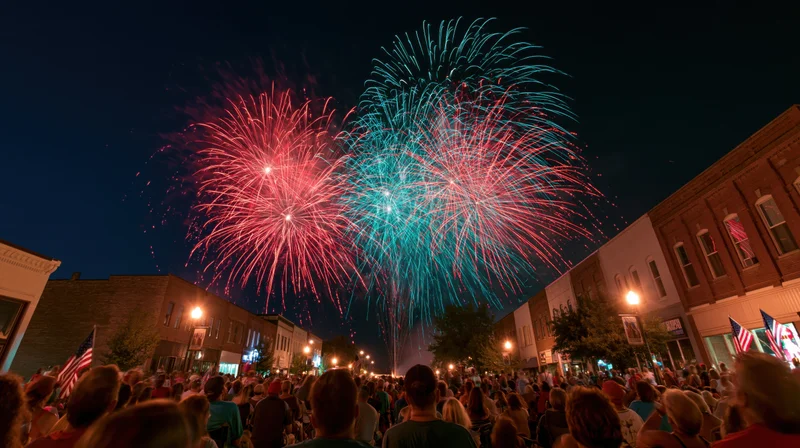 Crowd watching fireworks over city street at night
