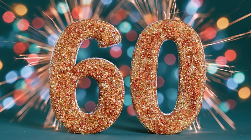 Glittery number sixty with sparklers and bokeh lights for a celebration