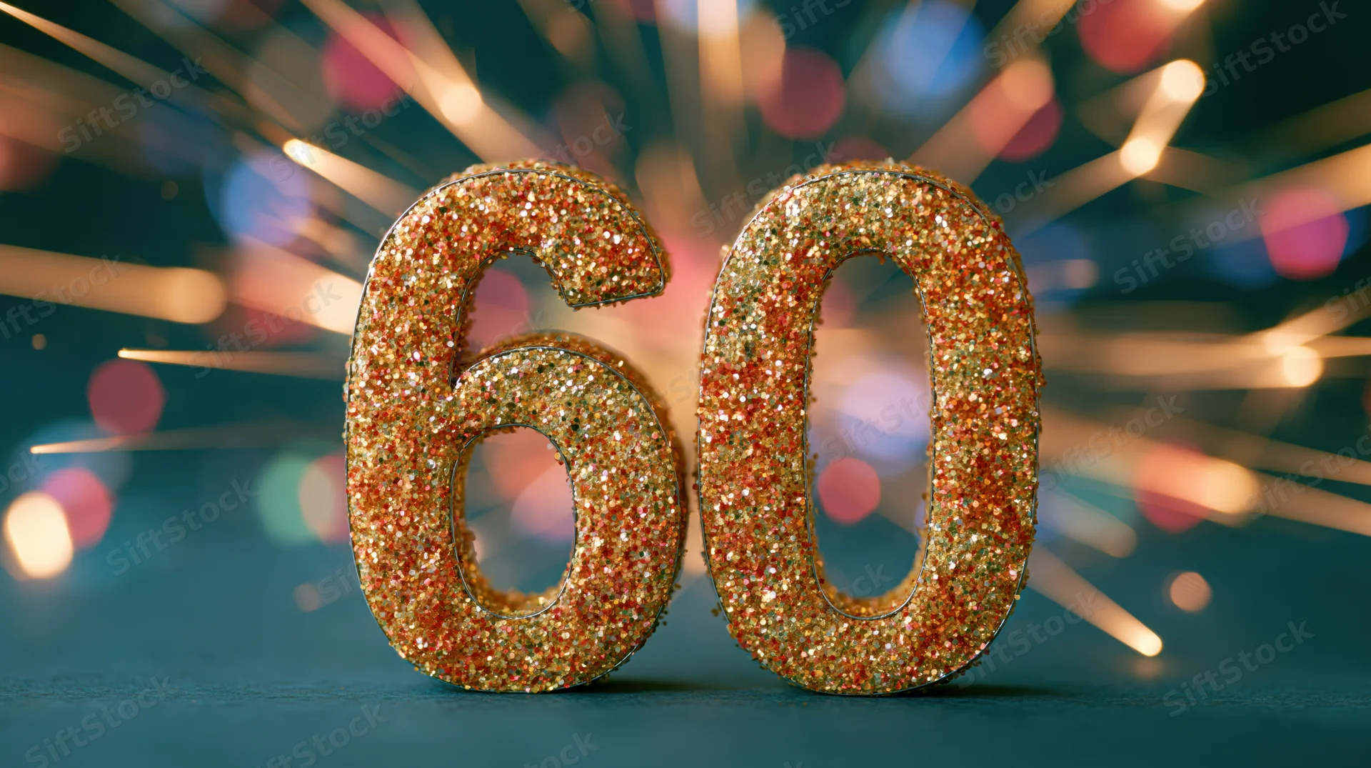Glittery number sixty centerpiece with sparkler bokeh background