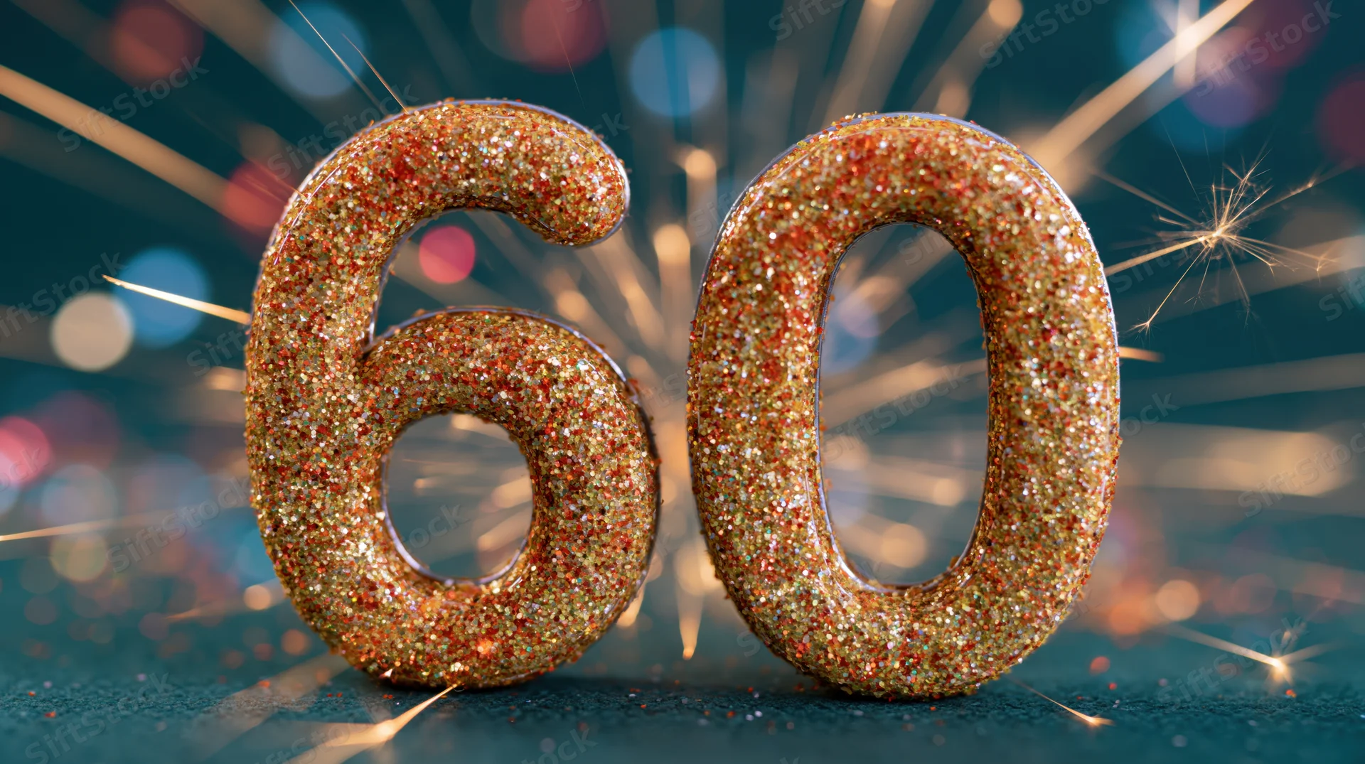 Glittery number sixty centerpiece with sparklers and bokeh lights for a celebration