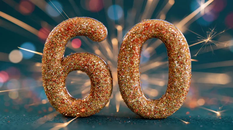 Glittery number sixty centerpiece with sparklers and bokeh lights for a celebration