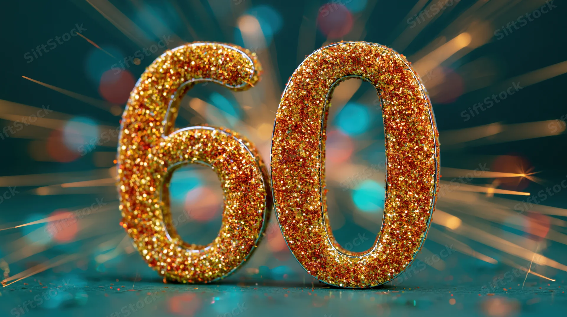 Glittery number sixty in gold with sparkles and bokeh lights for celebration