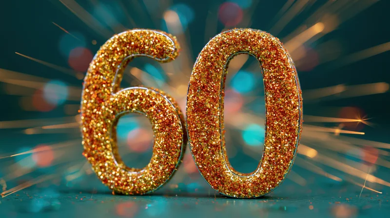 Glittery number sixty in gold with sparkles and bokeh lights for celebration