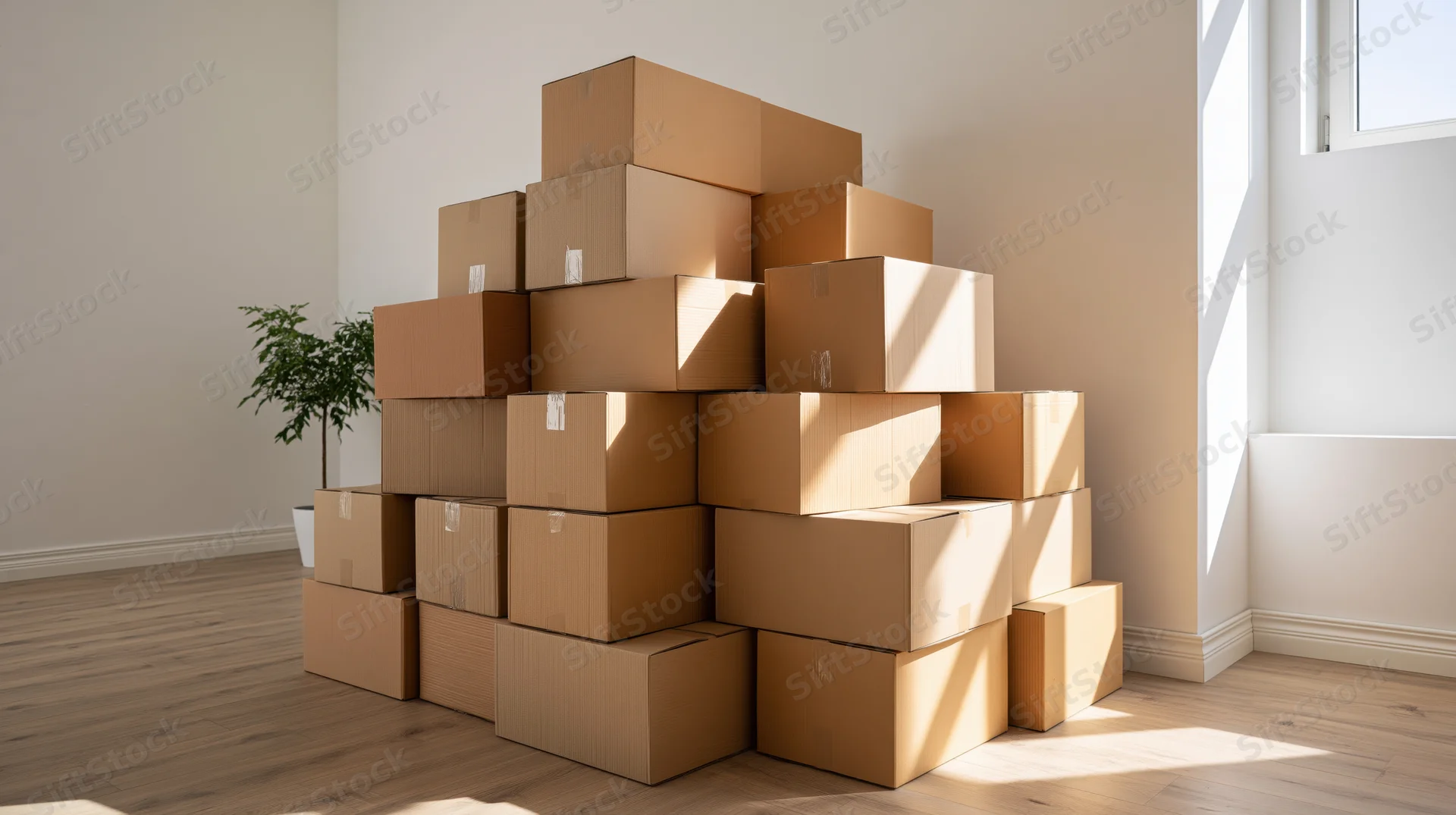 Tall stack of cardboard moving boxes piled in a corner of a bright room with sunlight and a potted plant nearby