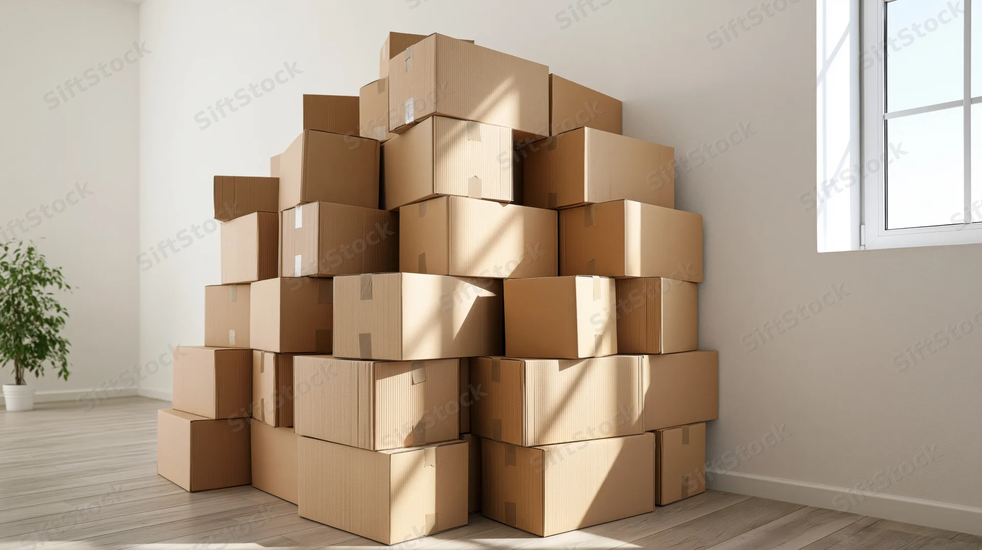 Large stack of cardboard moving boxes piled in a corner of a bright room with a window and potted plant