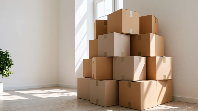 Stack of cardboard moving boxes piled in corner of empty room near window