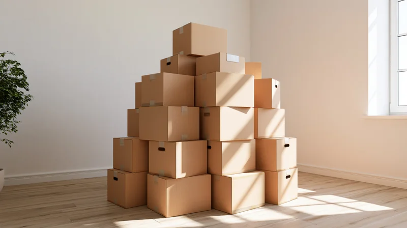 Stack of cardboard moving boxes piled in a bright empty room with sunlight streaming through a window