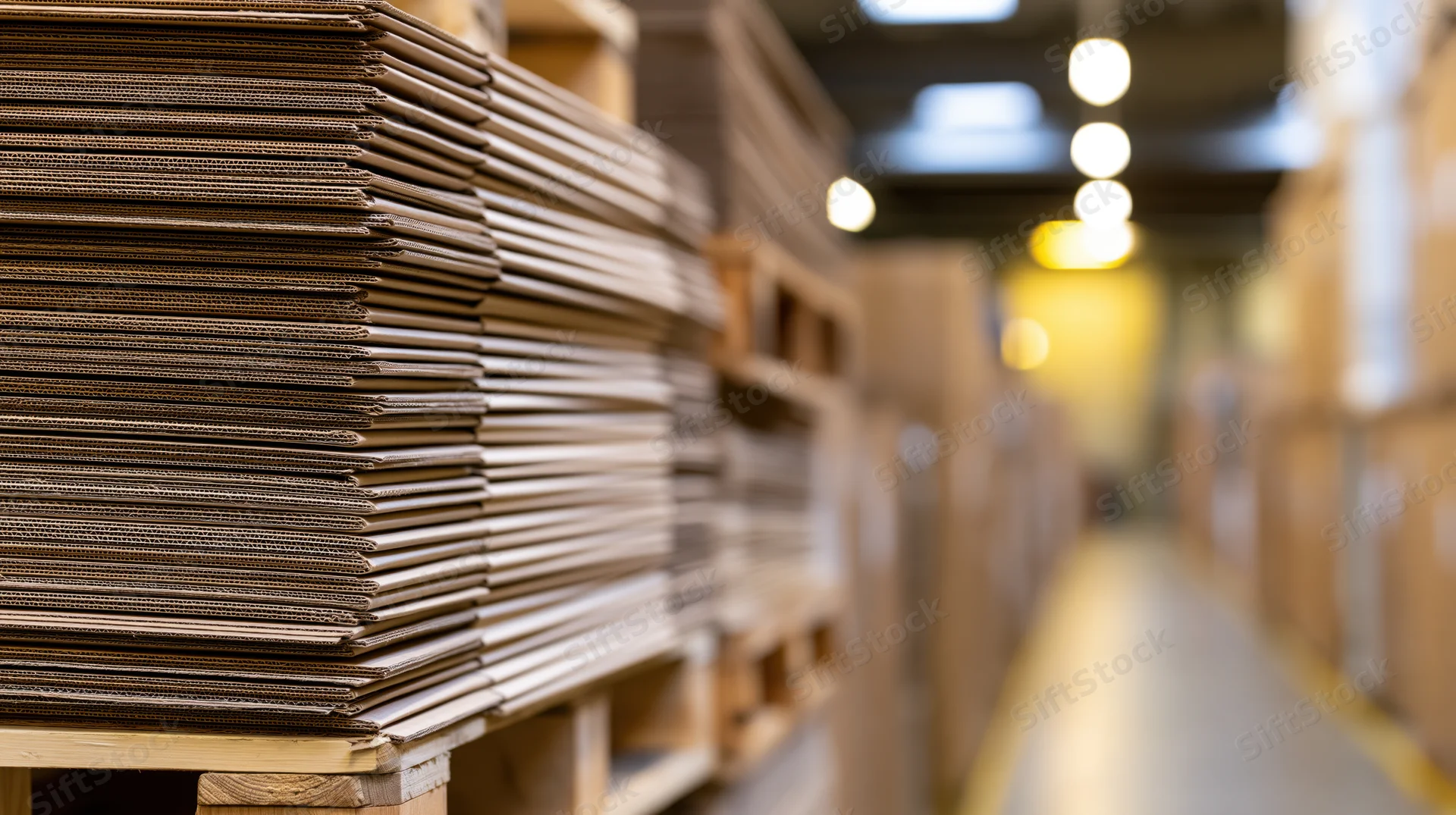 Stacks of flat corrugated cardboard sheets on pallets in a warehouse aisle