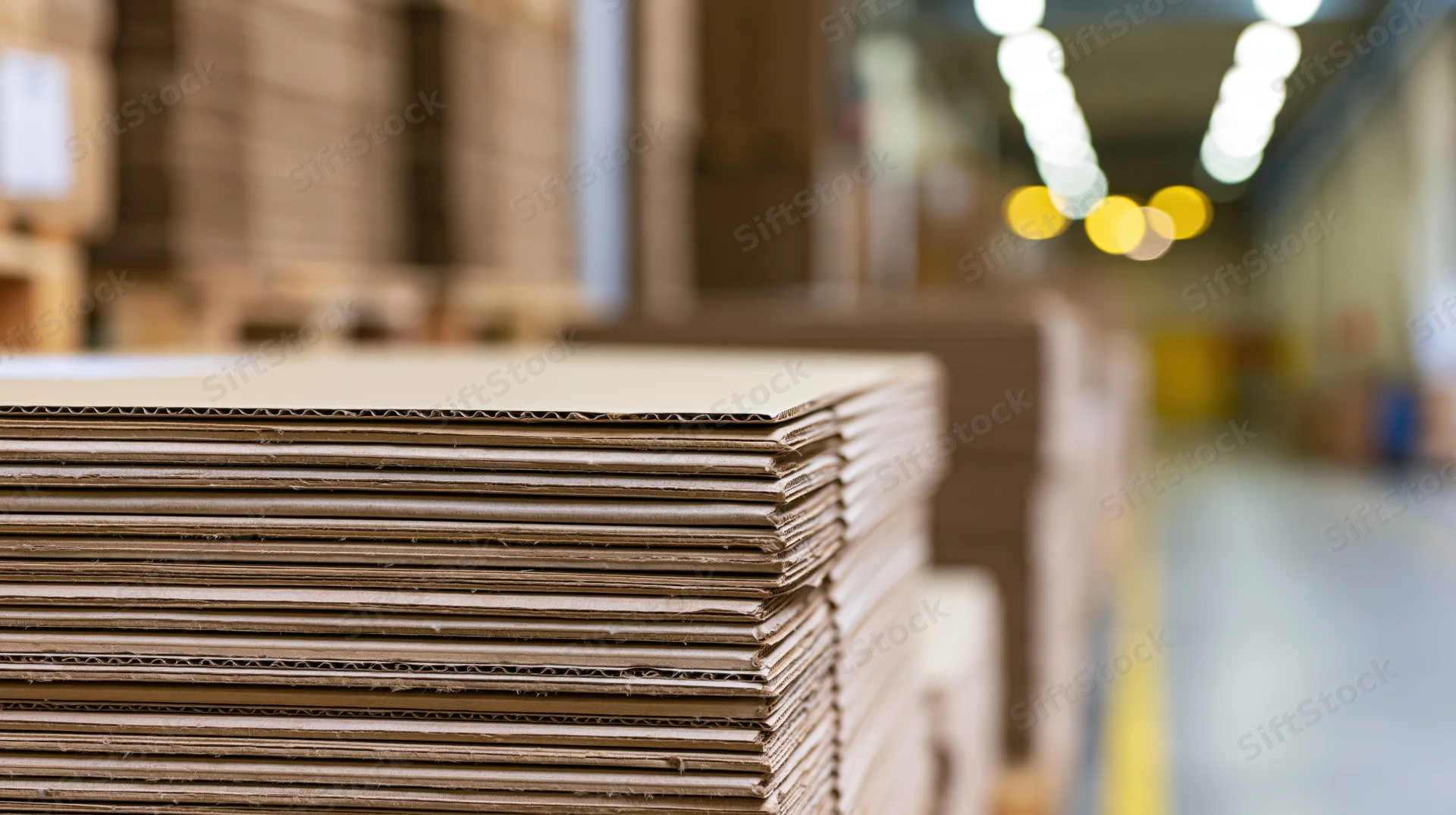Stacks of flat corrugated cardboard sheets in a warehouse aisle