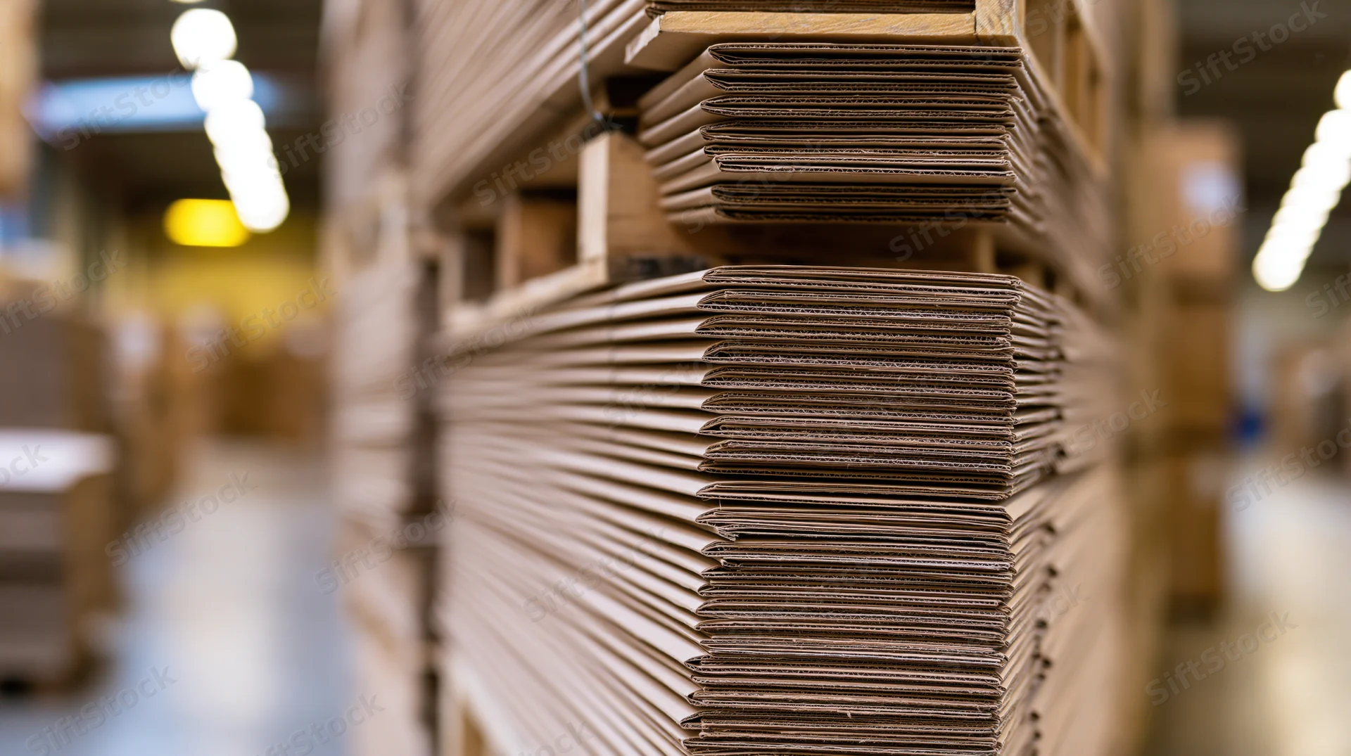 Stacks of flat corrugated cardboard sheets piled on wooden pallets in a warehouse