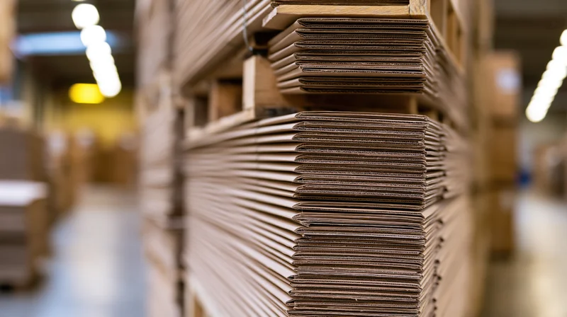 Stacks of flat corrugated cardboard sheets piled on wooden pallets in a warehouse