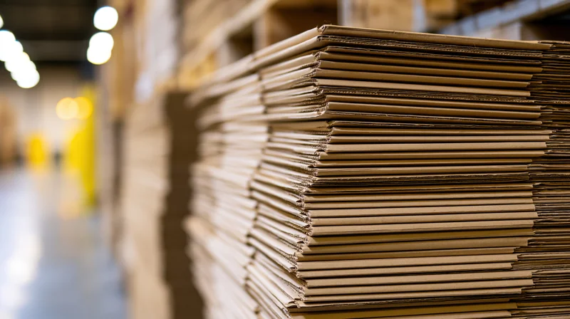 Stacks of flat corrugated cardboard sheets piled on pallets in a warehouse aisle