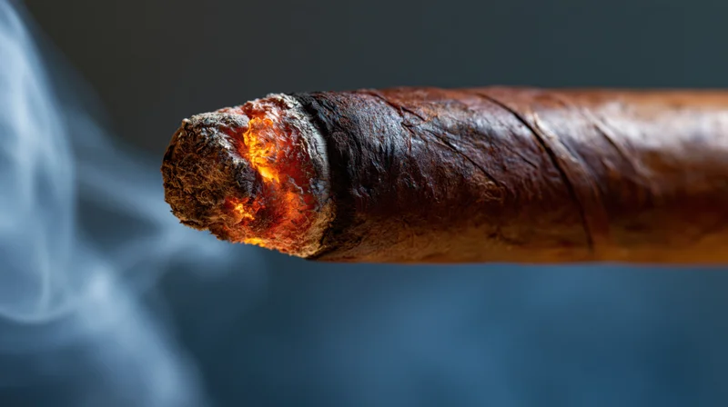 Close-up of a lit cigar tip with glowing ember and rising smoke