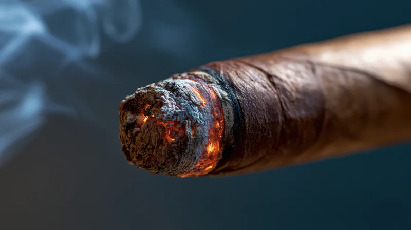 Close-up of a lit cigar tip with glowing ember and rising smoke against a dark background