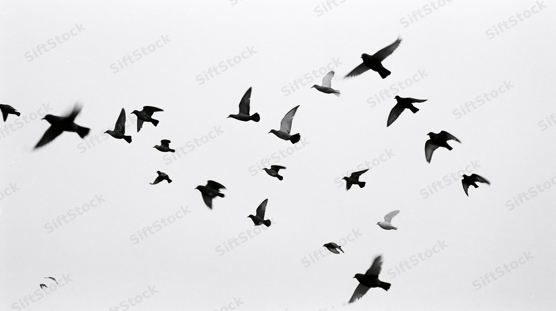 Flock of birds in mid-flight against a bright sky