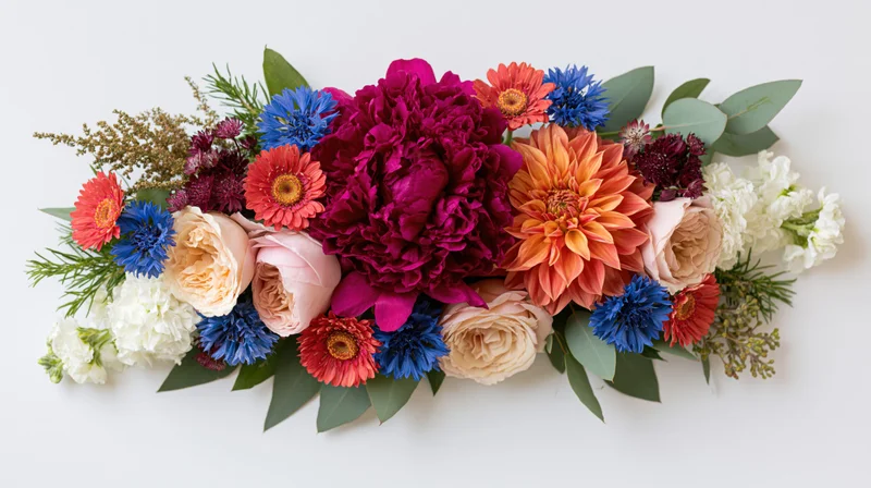 Horizontal floral arrangement with dahlia, peony, rose, and greenery on white background