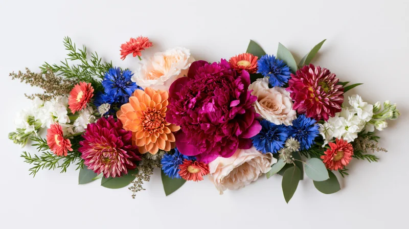 Horizontal floral arrangement with peonies, dahlias, roses and greenery on white background