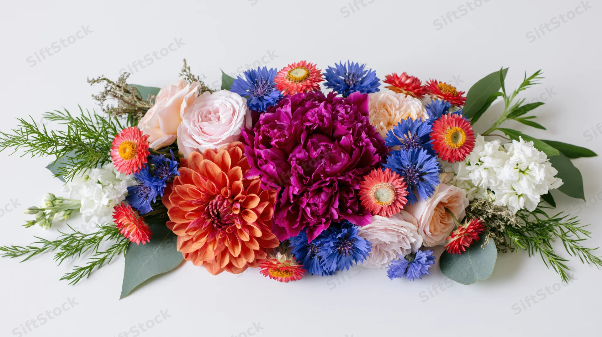 Horizontal floral arrangement with peonies, dahlias, roses and greenery on white background