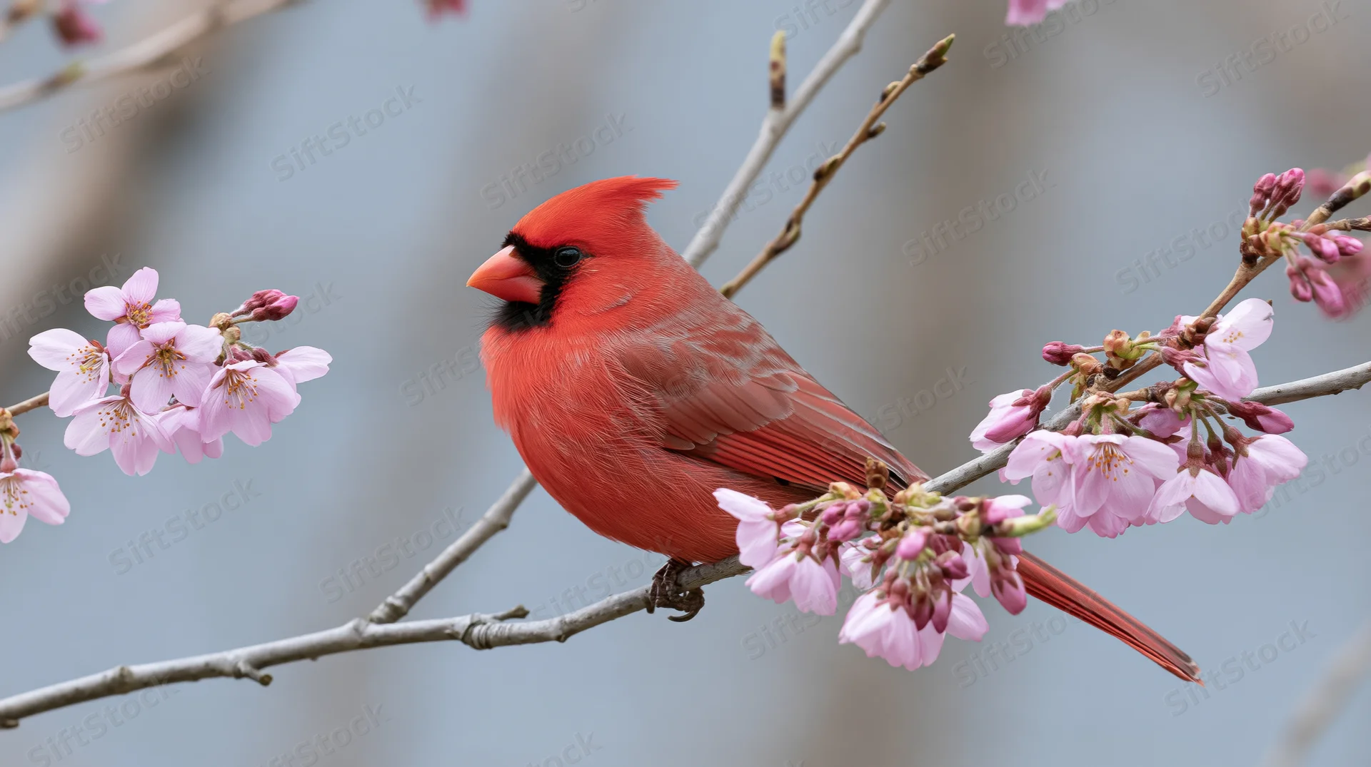 Male northern cardinal perched on a flowering cherry branch in spring