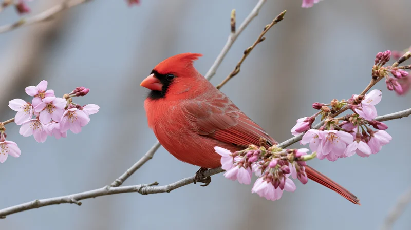 Male northern cardinal perched on a bare branch among blossoms