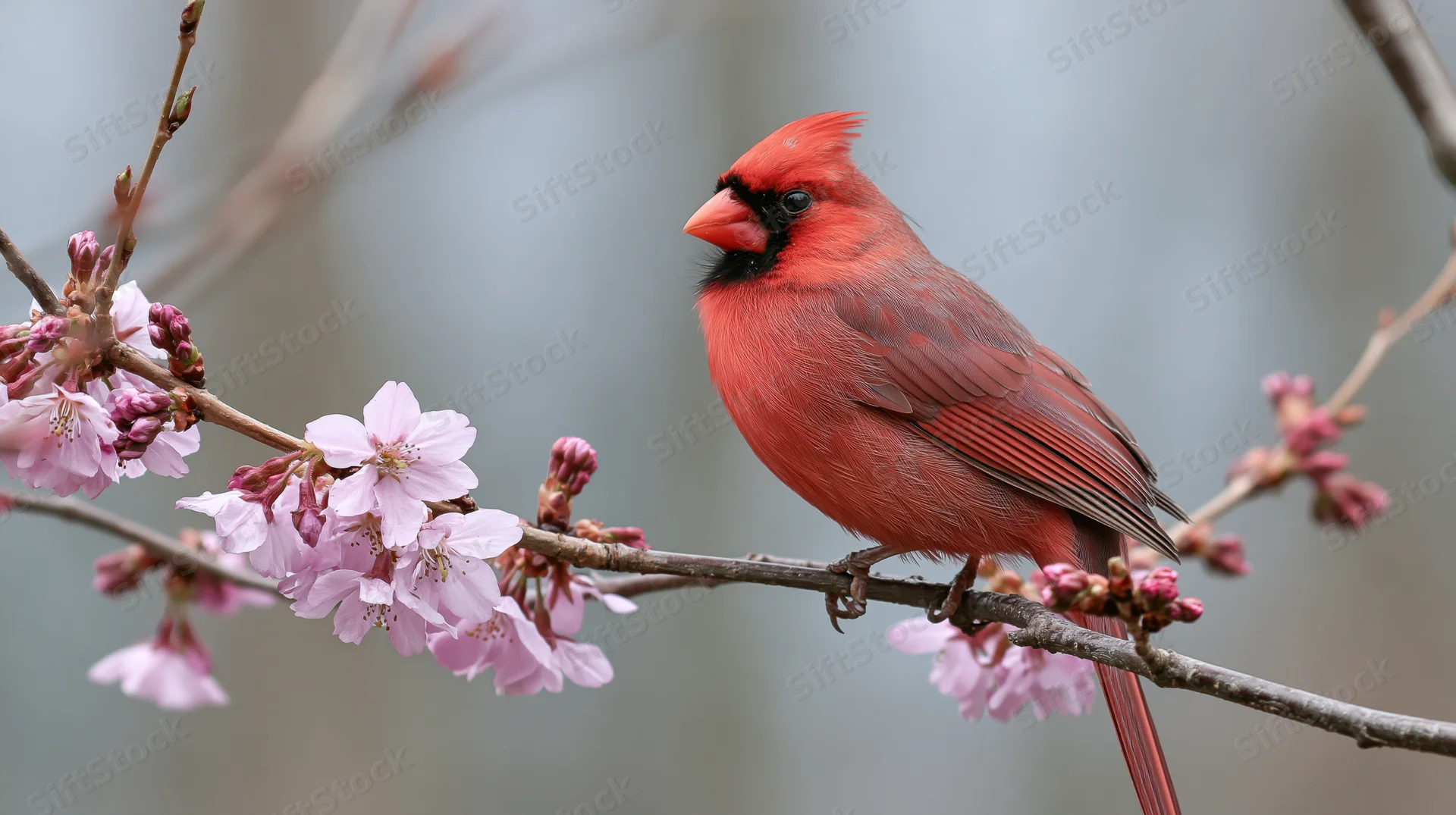 Male northern cardinal perched on a flowering cherry branch in spring