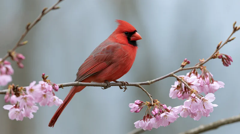 Male northern cardinal perched on a flowering cherry branch in spring