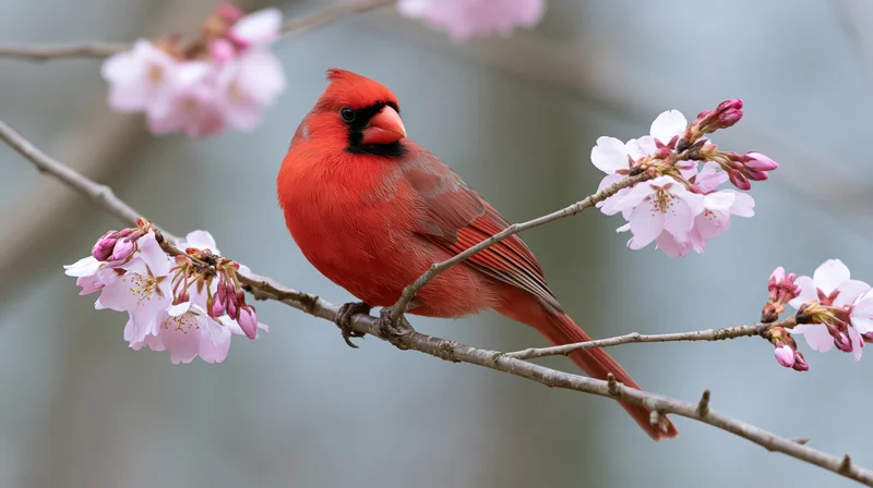Male northern cardinal perched on a cherry blossom branch in spring