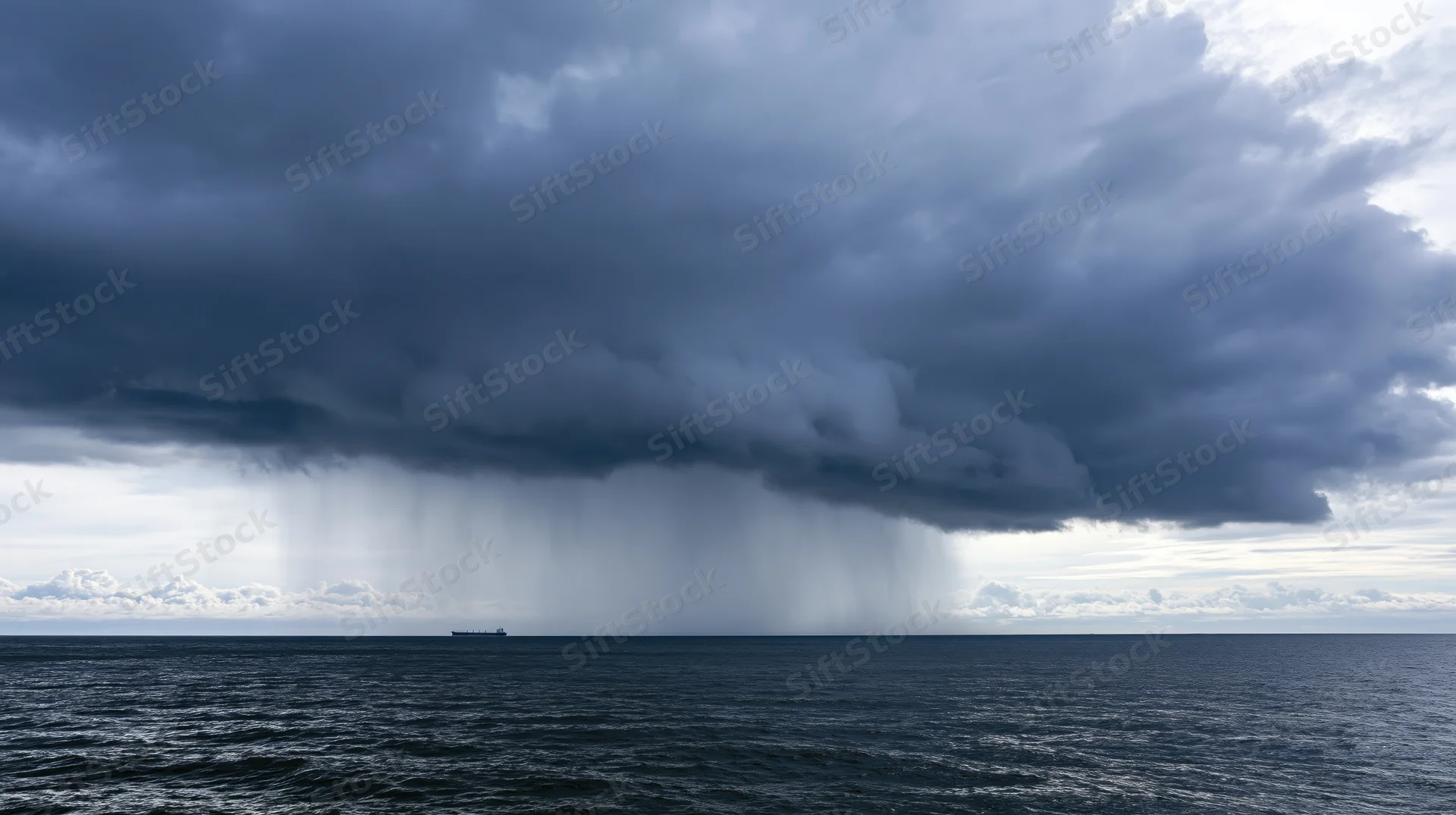 Storm cell unleashing heavy rain over open ocean with ship in distance