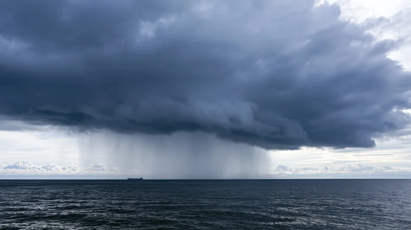 Storm cell unleashing heavy rain over open ocean with ship in distance