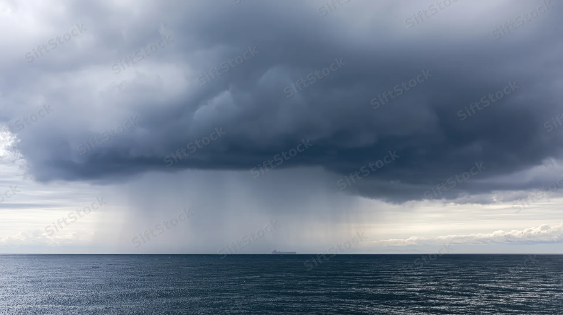 Massive storm cell unleashing heavy rain over open ocean with distant cargo ship on horizon