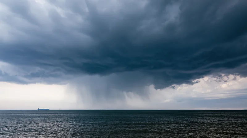 Massive storm cell unleashing heavy rain shaft over open ocean with distant cargo ship on horizon