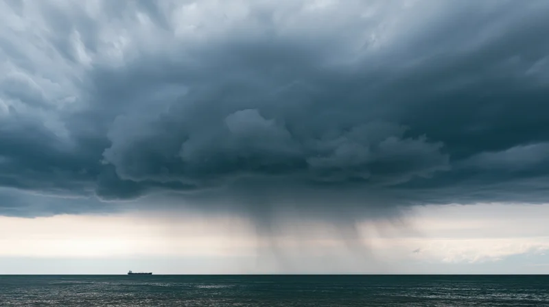 Massive storm cell unleashing heavy rain shaft over open ocean with distant cargo ship on horizon
