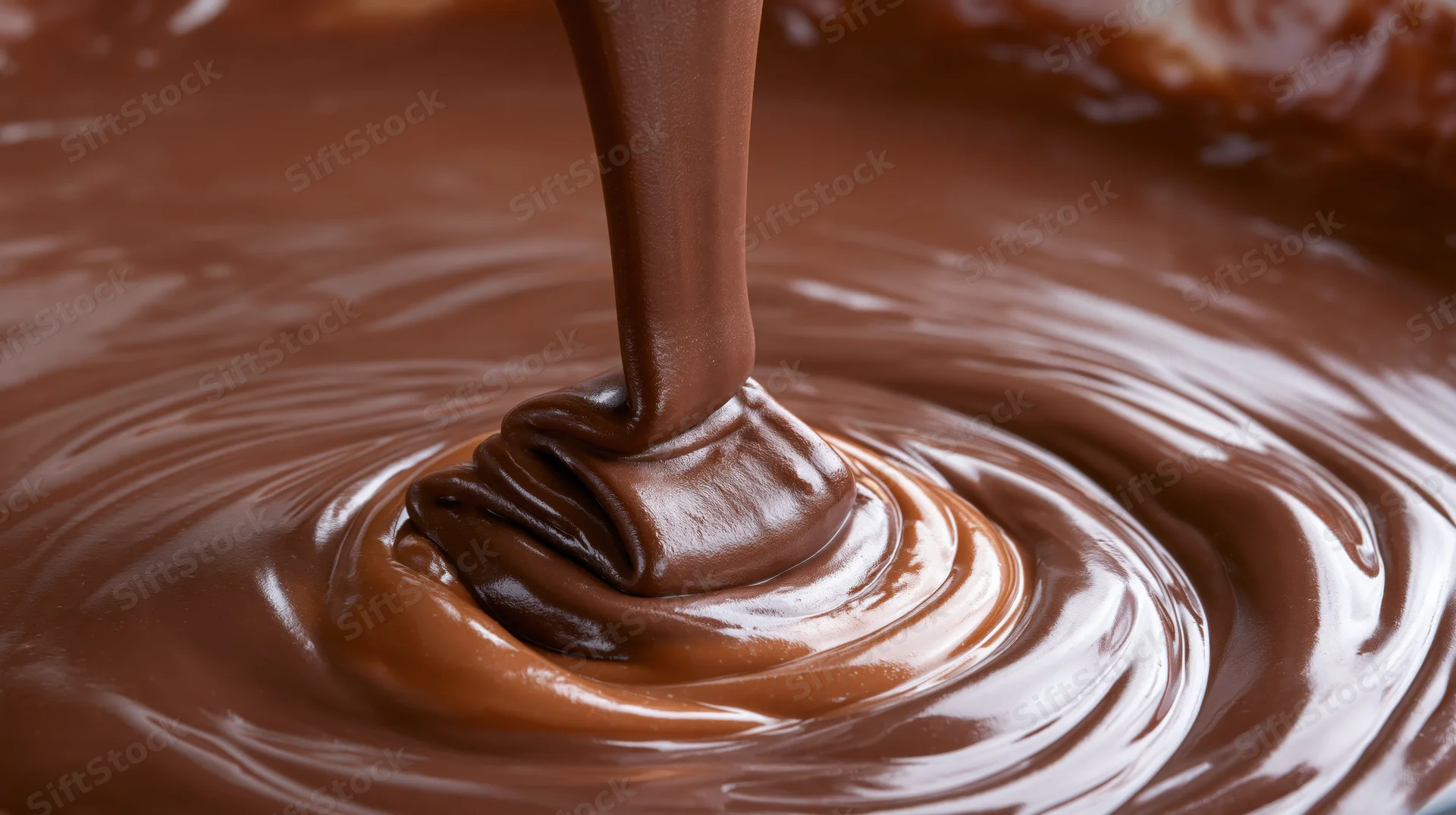 Thick stream of melted milk chocolate pouring into a swirling pool, creating ripples on a glossy surface